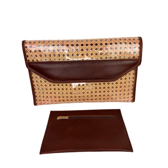VINTAGE Raffia Rattan Leather Trim Woven Clutch Purse Handbag & Zip Pouch Bag - Picture 1 of 16